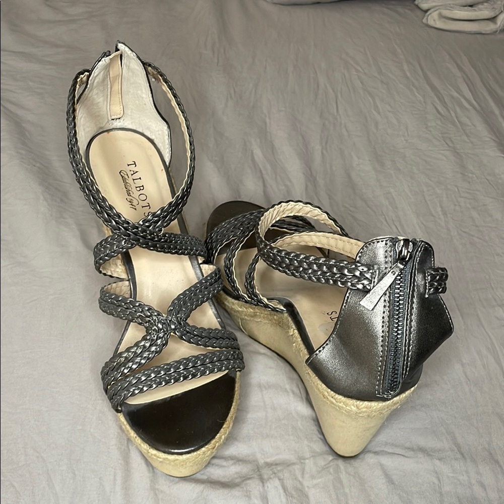 Talbots Grey and Cream Wedge Sandals with Strappy Design